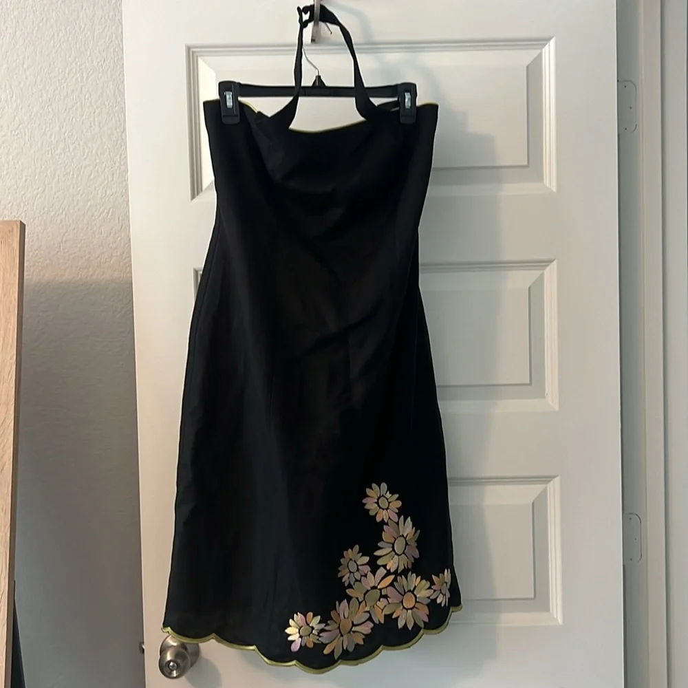 Jessica Howard black floral embroidered halter dress linen blend lined size 12